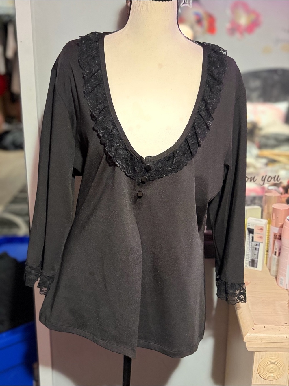 NWOT vintage Y2K Studio Black V-Neck Cardigan with Lace Trim & Beauty Gift Bag